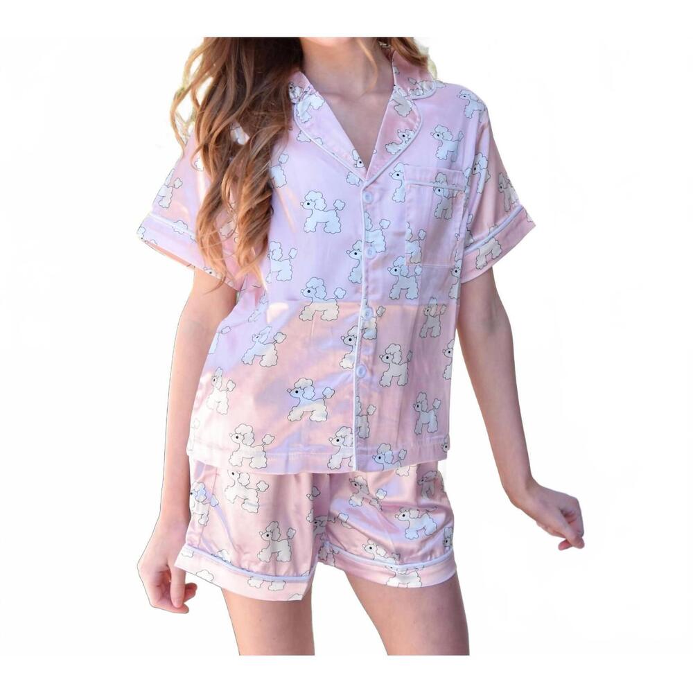 NEW SPARKLE BY STOOPHER girl's silky shorts lounge set in pink poodles